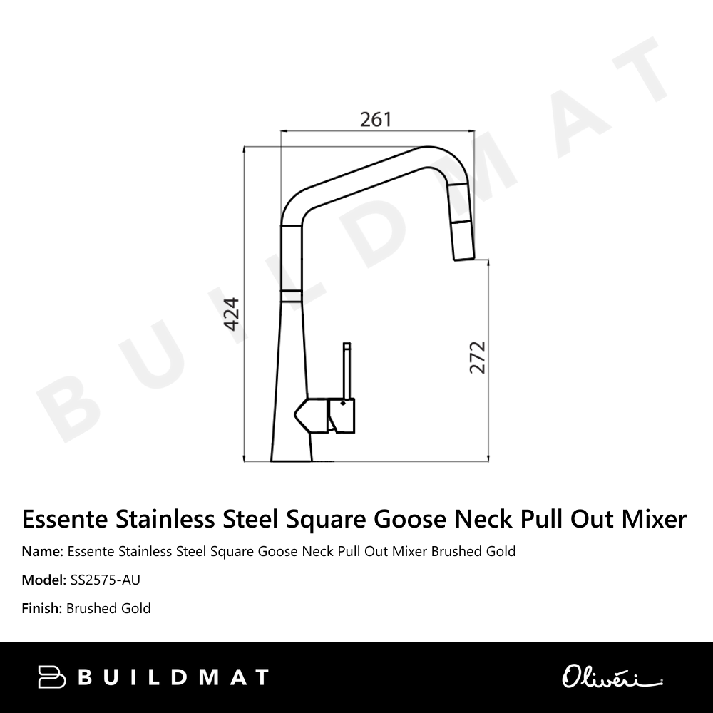 Essente Stainless Steel Square Goose Neck Pull Out Mixer Brushed Gold