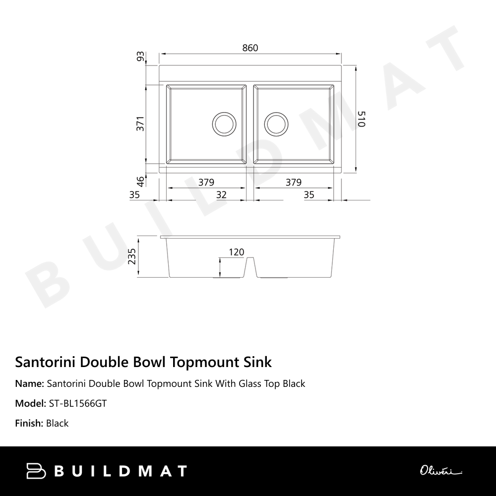 Santorini Double Bowl Topmount Sink With Glass Top Black