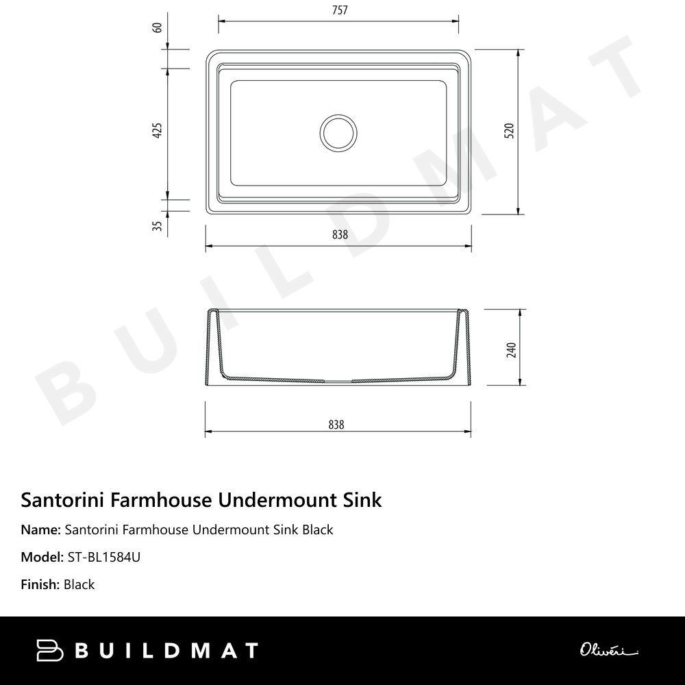 Santorini Farmhouse Undermount Sink Black