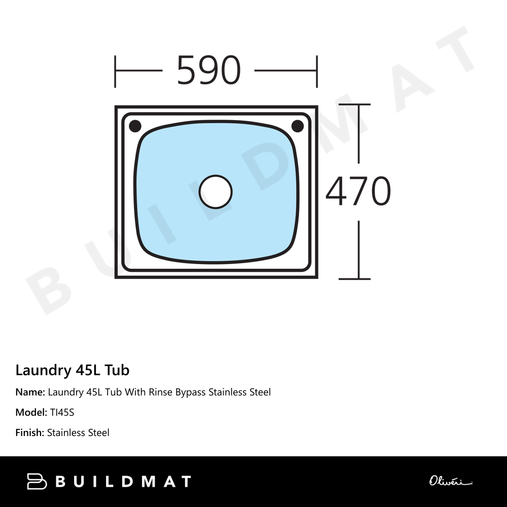 Laundry 45L Tub With Rinse Bypass Stainless Steel