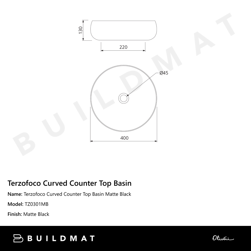 Terzofoco Curved Counter Top Basin Matte Black