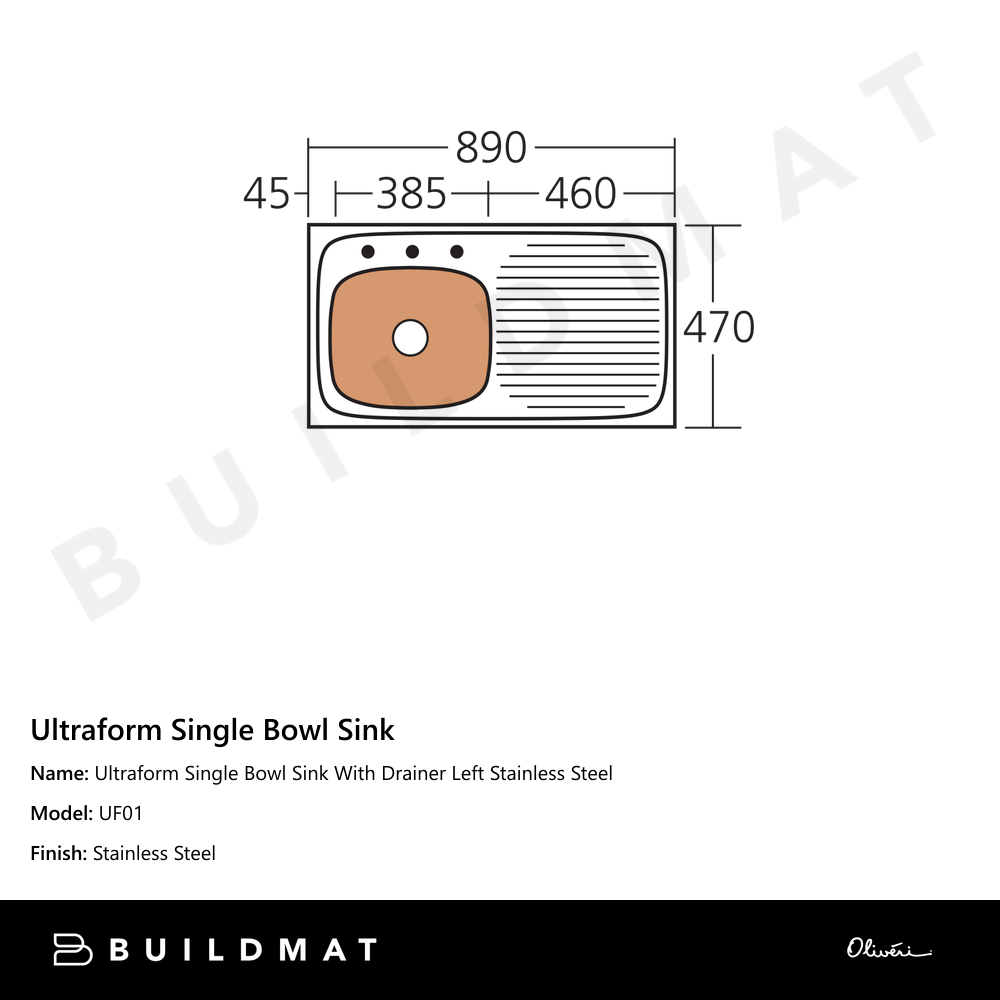 Ultraform Single Bowl Sink With Drainer Left Stainless Steel