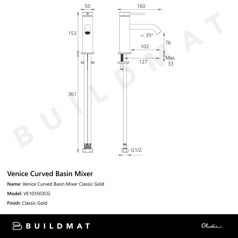 Venice Curved Basin Mixer Classic Gold