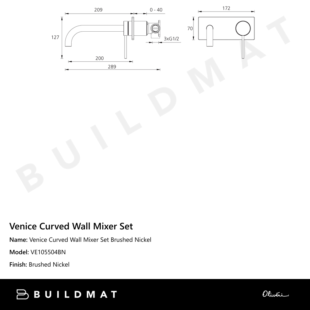 Venice Curved Wall Mixer Set Brushed Nickel