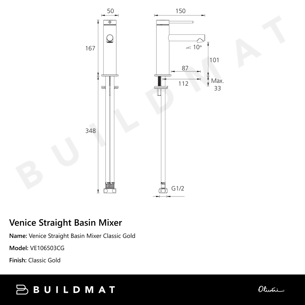 Venice Straight Basin Mixer Classic Gold