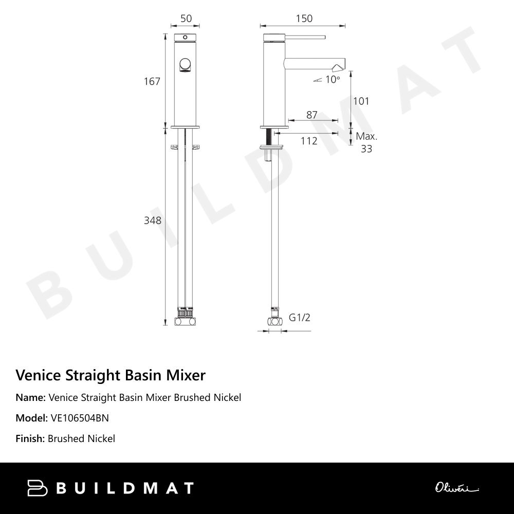 Venice Straight Basin Mixer Brushed Nickel