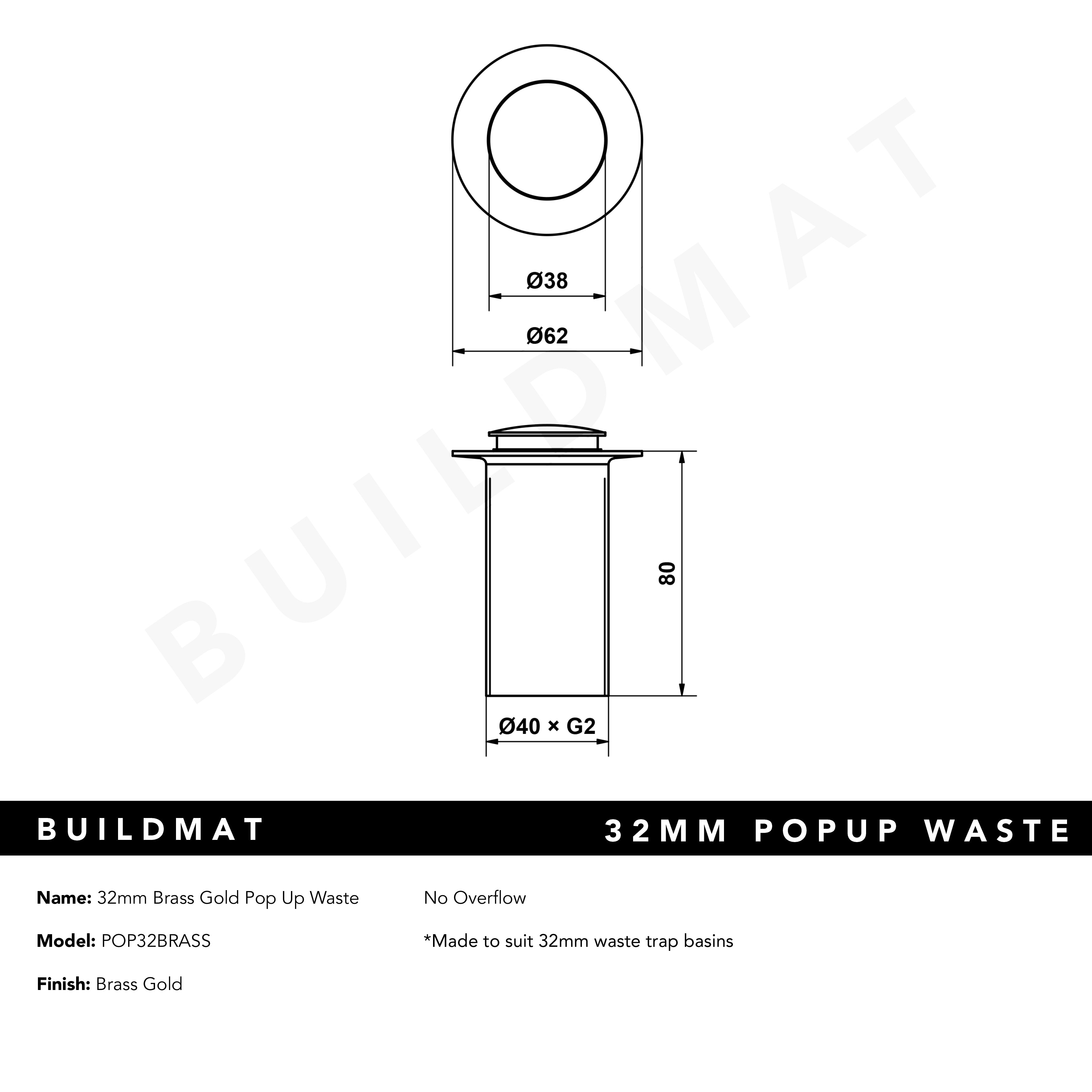 32mm Brass Gold Pop Up Waste