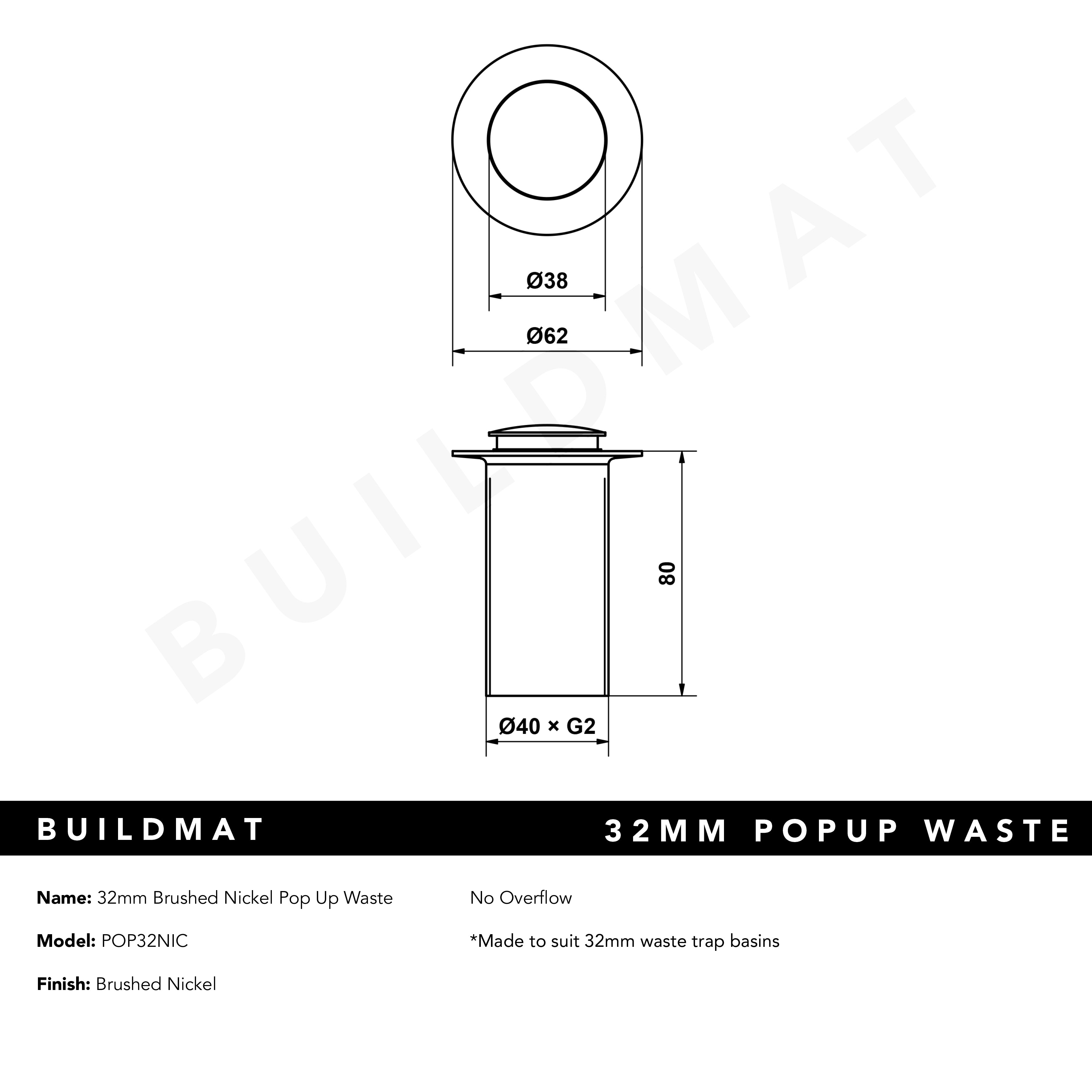 32mm Brushed Nickel Pop Up Waste