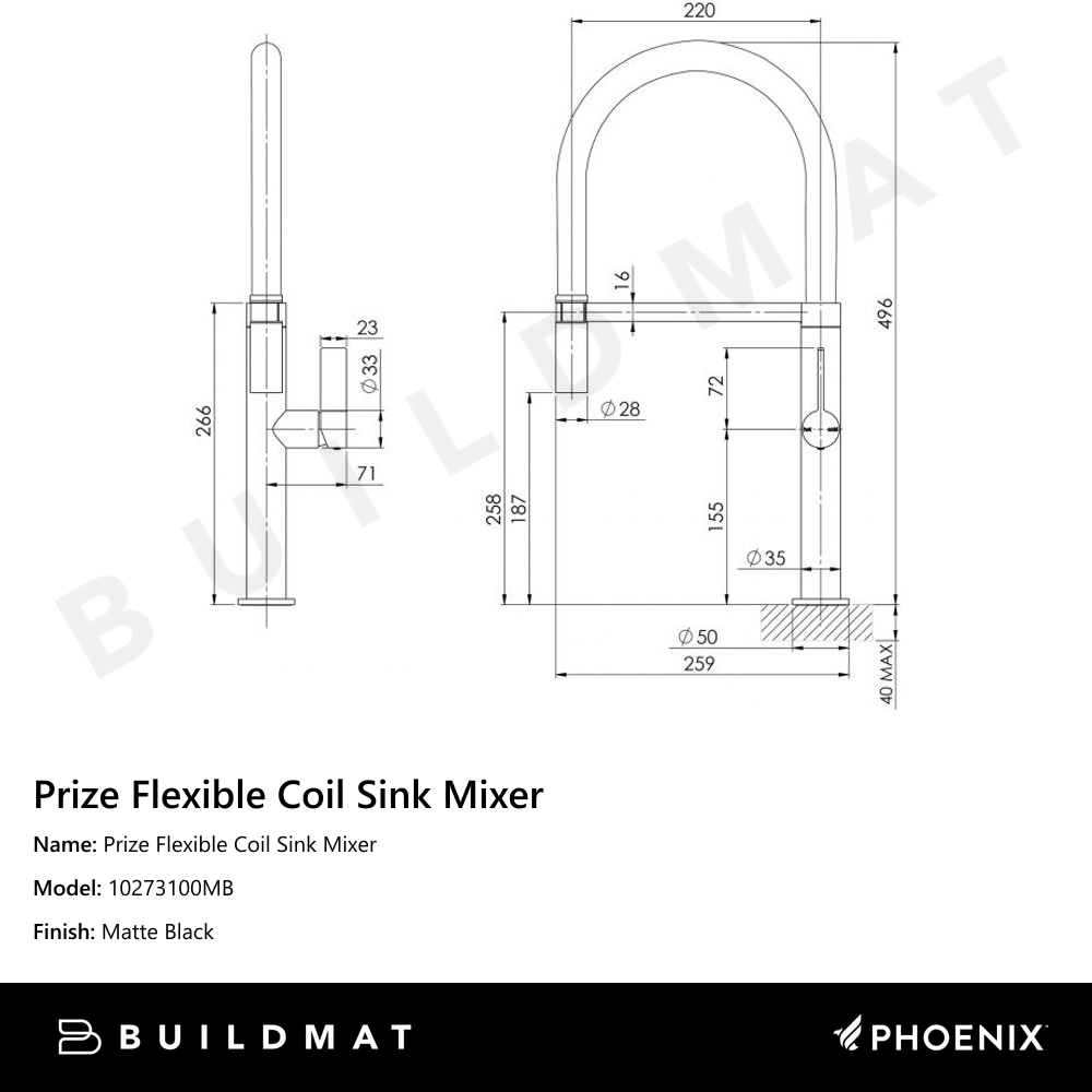 Prize Flexible Coil Sink Mixer 220mm Matte Black