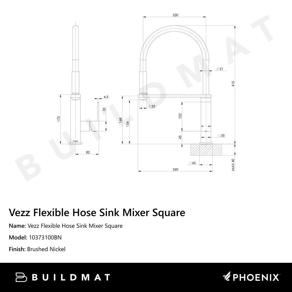 Vezz Flexible Hose Sink Mixer Square 210mm Brushed Nickel