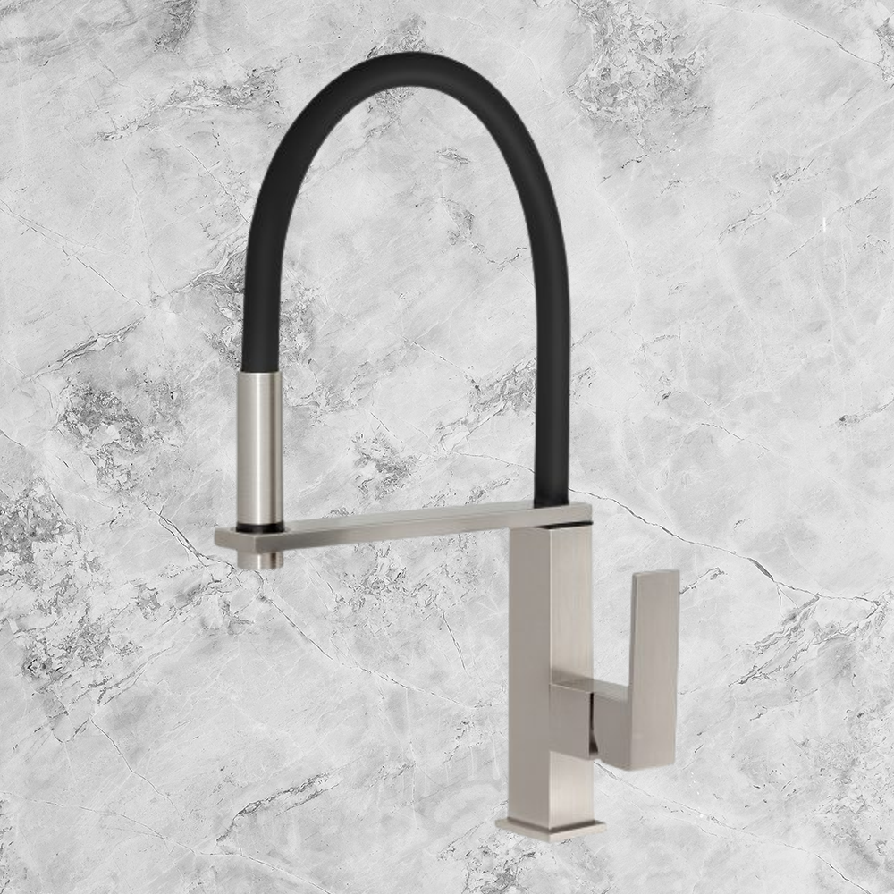 Vezz Flexible Hose Sink Mixer Square 210mm Lead Free Brushed Nickel