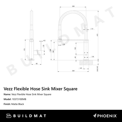 Vezz Flexible Hose Sink Mixer Square 210mm Matte Black