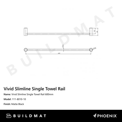 Vivid Slimline Single Towel Rail 600mm Matte Black