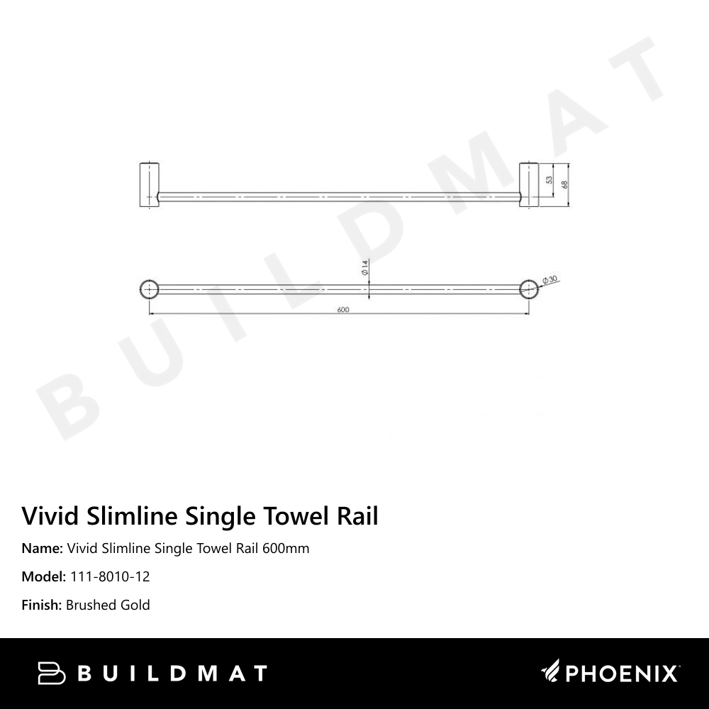 Vivid Slimline Single Towel Rail 600mm  Brushed Gold