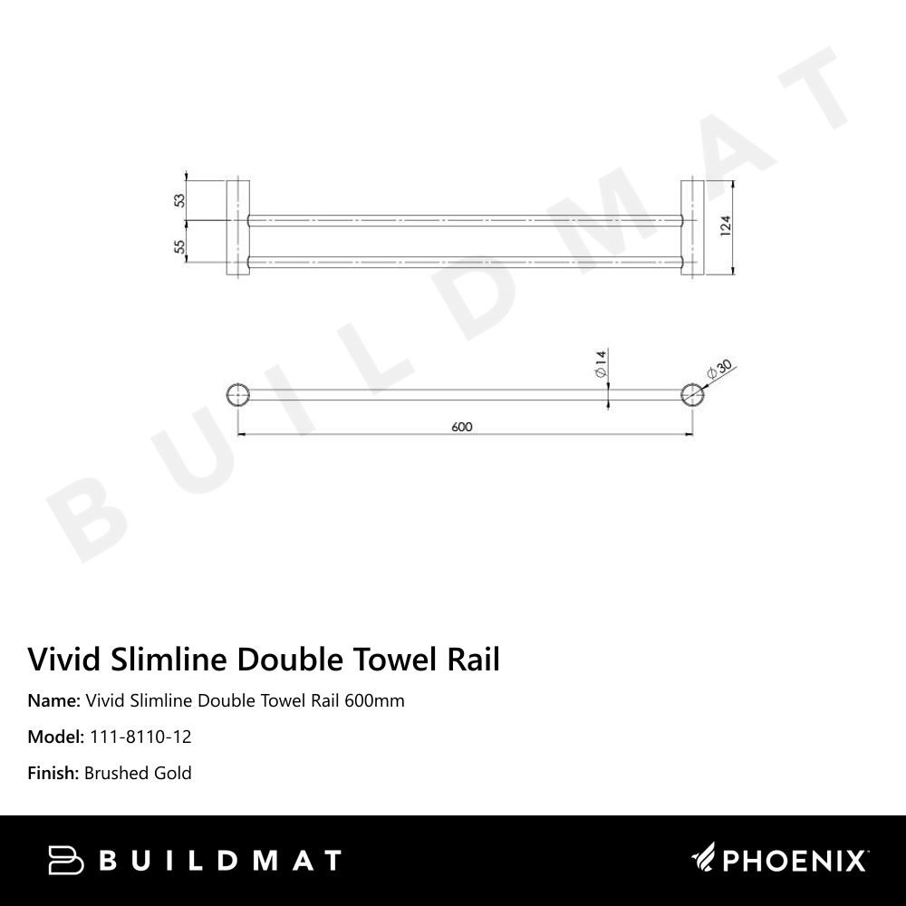 Vivid Slimline Double Towel Rail 600mm  Brushed Gold