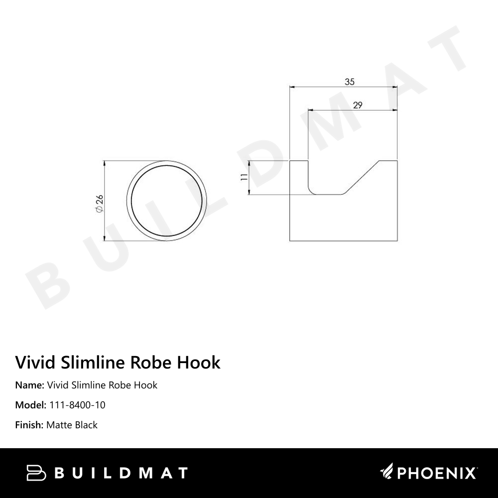 Vivid Slimline Robe Hook Matte Black