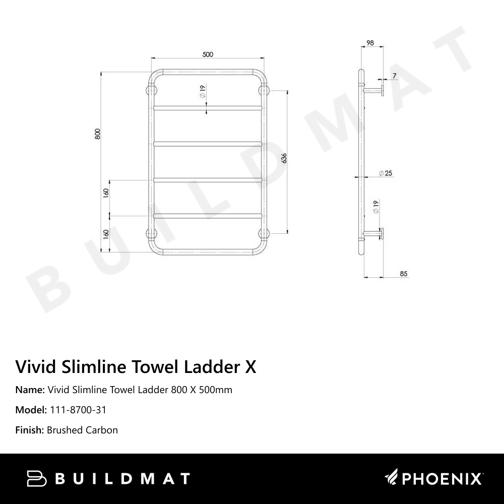 Vivid Slimline Towel Ladder 800 X 500mm Brushed Carbon