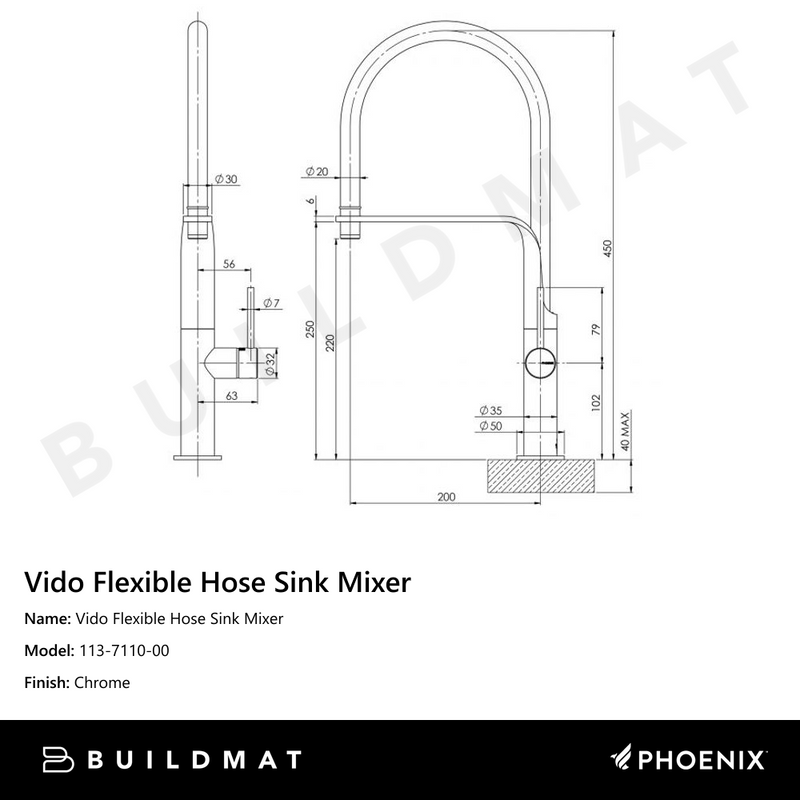Vido Flexible Hose Sink Mixer 200mm Chrome