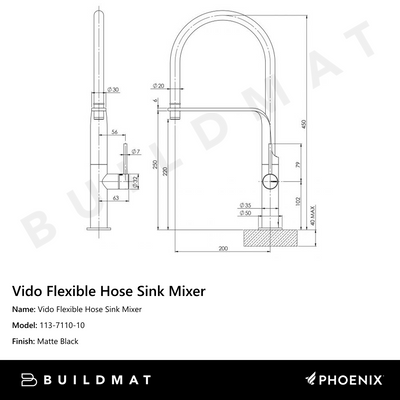 Vido Flexible Hose Sink Mixer 200mm Matte Black