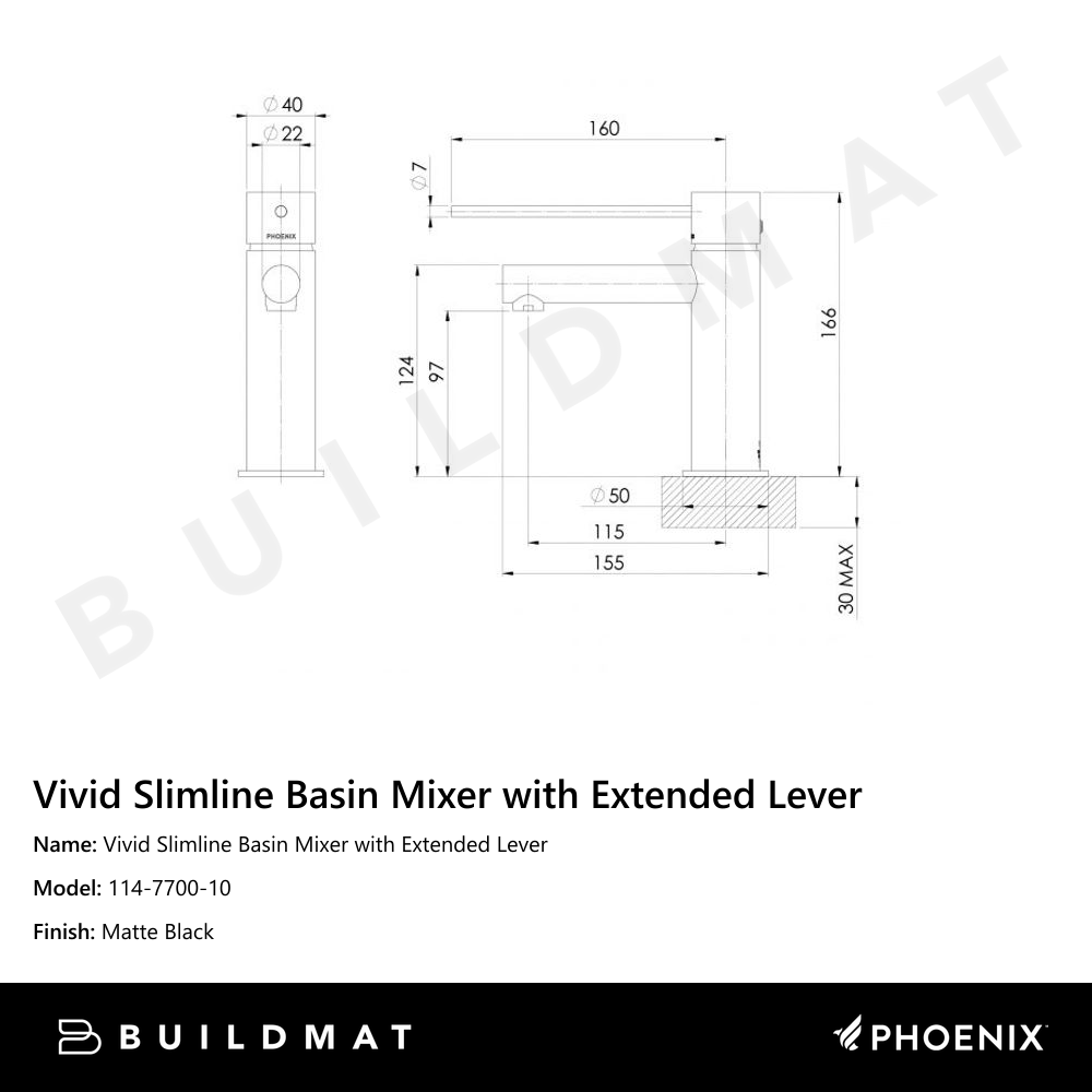 Vivid Slimline Basin Mixer with Extended Lever  Matte Black