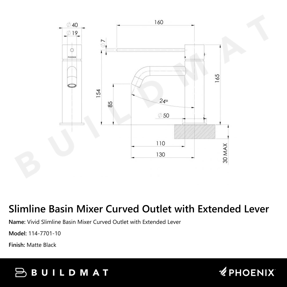 Vivid Slimline Basin Mixer Curved Outlet with Extended Lever  Matte Black