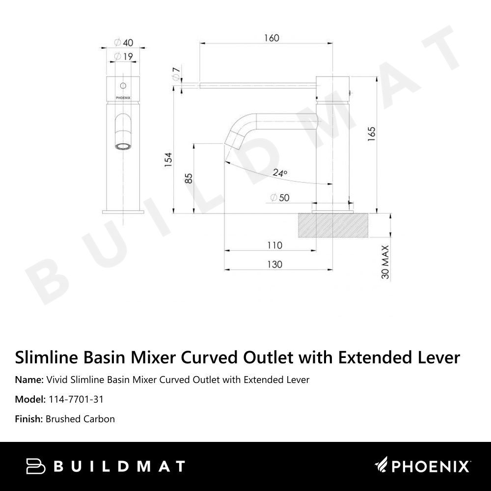 Vivid Slimline Basin Mixer Curved Outlet with Extended Lever  Brushed Carbon