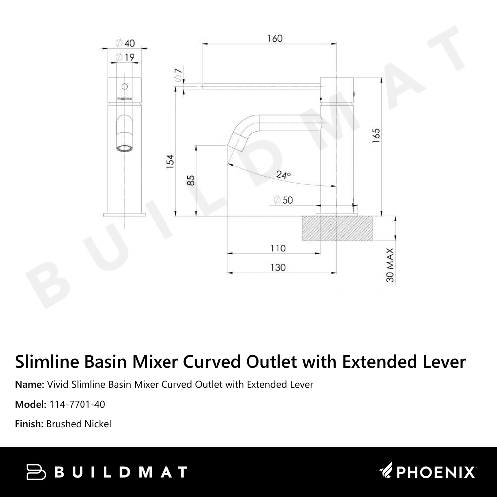 Vivid Slimline Basin Mixer Curved Outlet with Extended Lever  Brushed Nickel