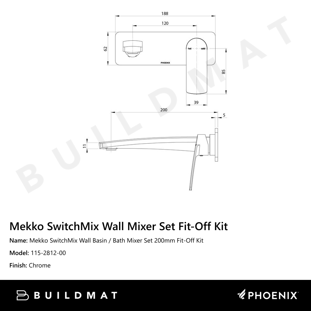 Mekko SwitchMix Wall Basin / Bath Mixer Set 200mm Fit-Off Kit Chrome