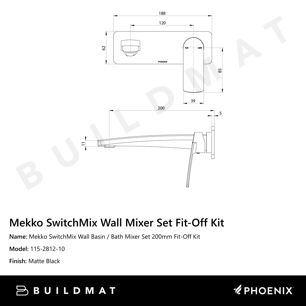 Mekko SwitchMix Wall Basin / Bath Mixer Set 200mm Fit-Off Kit Matte Black