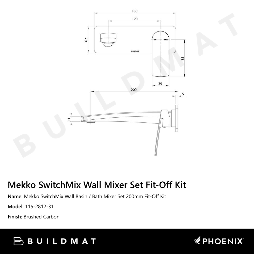 Mekko SwitchMix Wall Basin / Bath Mixer Set 200mm Fit-Off Kit Brushed Carbon