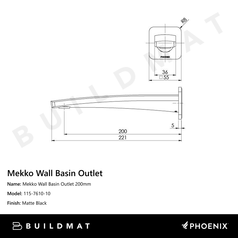 Mekko Wall Basin Outlet 200mm Matte Black