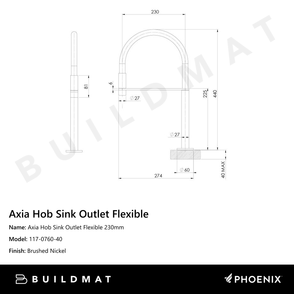 Axia Hob Sink Outlet Flexible Hose 230mm Brushed Nickel