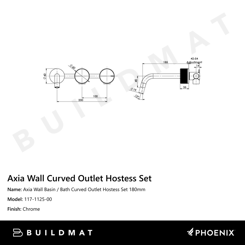 Axia Wall Basin / Bath Curved Outlet Hostess Set 180mm  Chrome