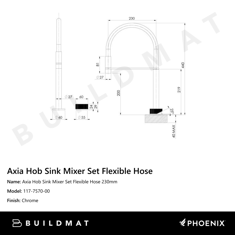 Axia Chrome Hob Sink Mixer Set Flexible Hose 230mm