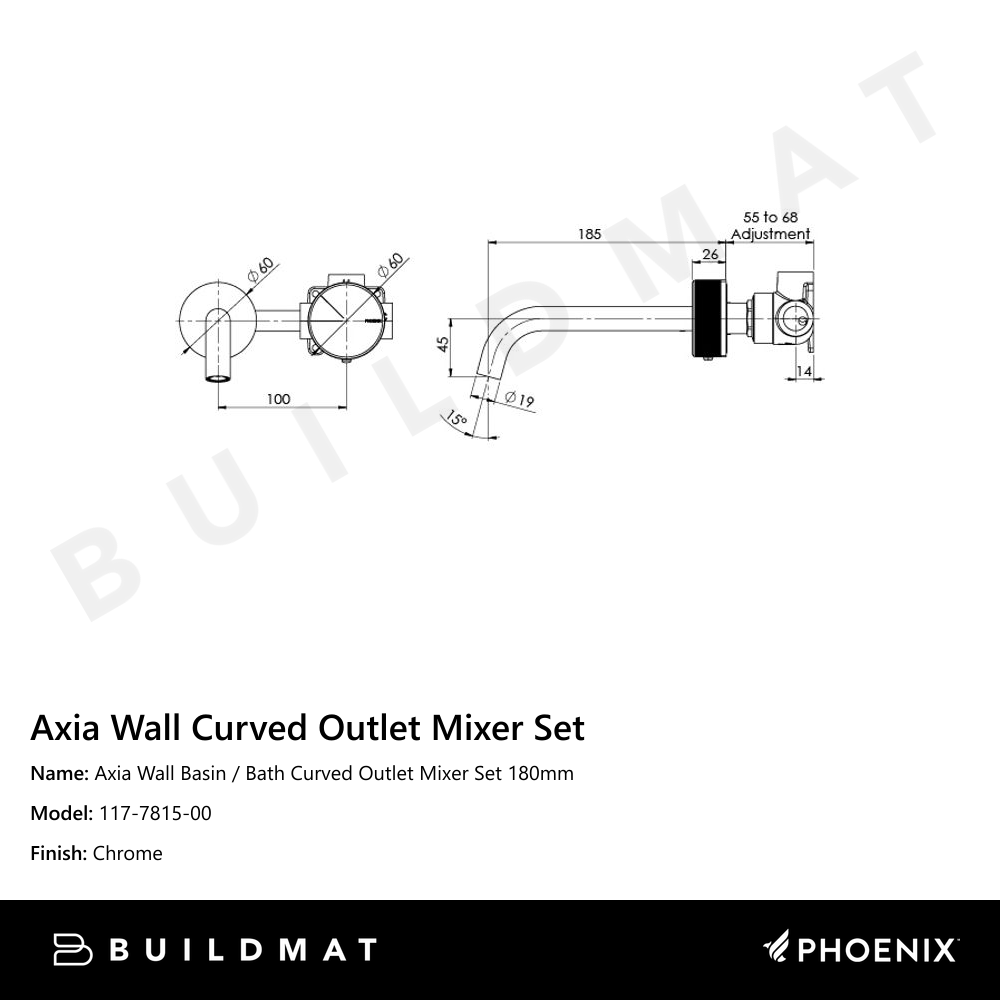 Axia Wall Basin/Bath Curved Outlet Mixer Set 180mm  Chrome