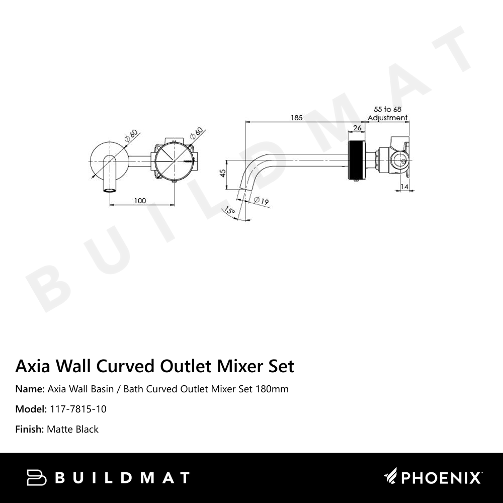 Axia Wall Basin/Bath Curved Outlet Mixer Set 180mm  Matte Black