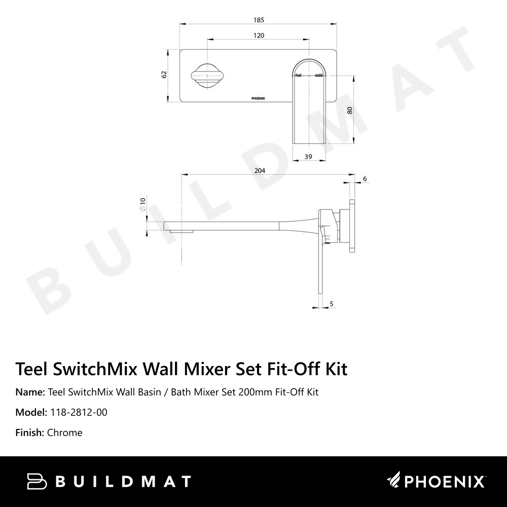 Teel SwitchMix Wall Basin / Bath Mixer Set 200mm Fit-Off Kit Chrome