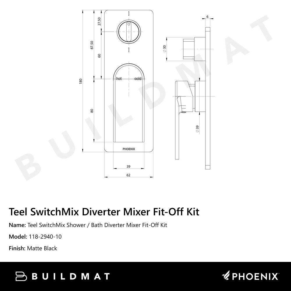 Teel SwitchMix Shower / Bath Diverter Mixer Fit-Off Kit  Matte Black