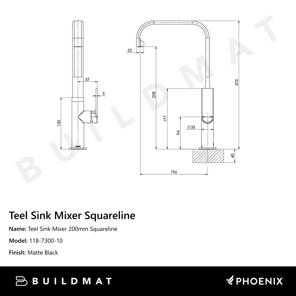 Teel Sink Mixer 200mm Squareline Matte Black