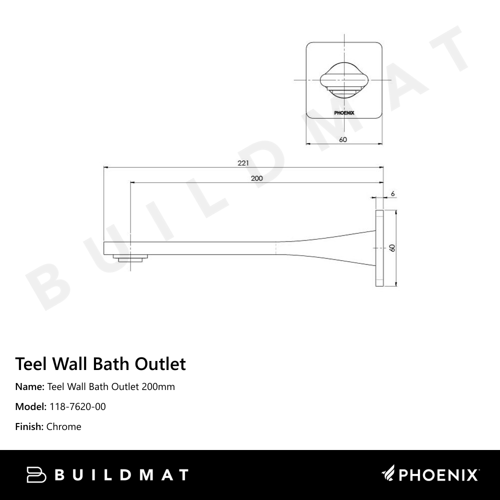 Teel Wall Bath Outlet 200mm Chrome