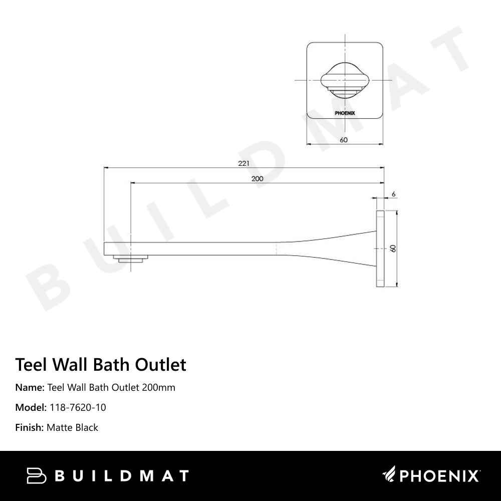 Teel Wall Bath Outlet 200mm Matte Black