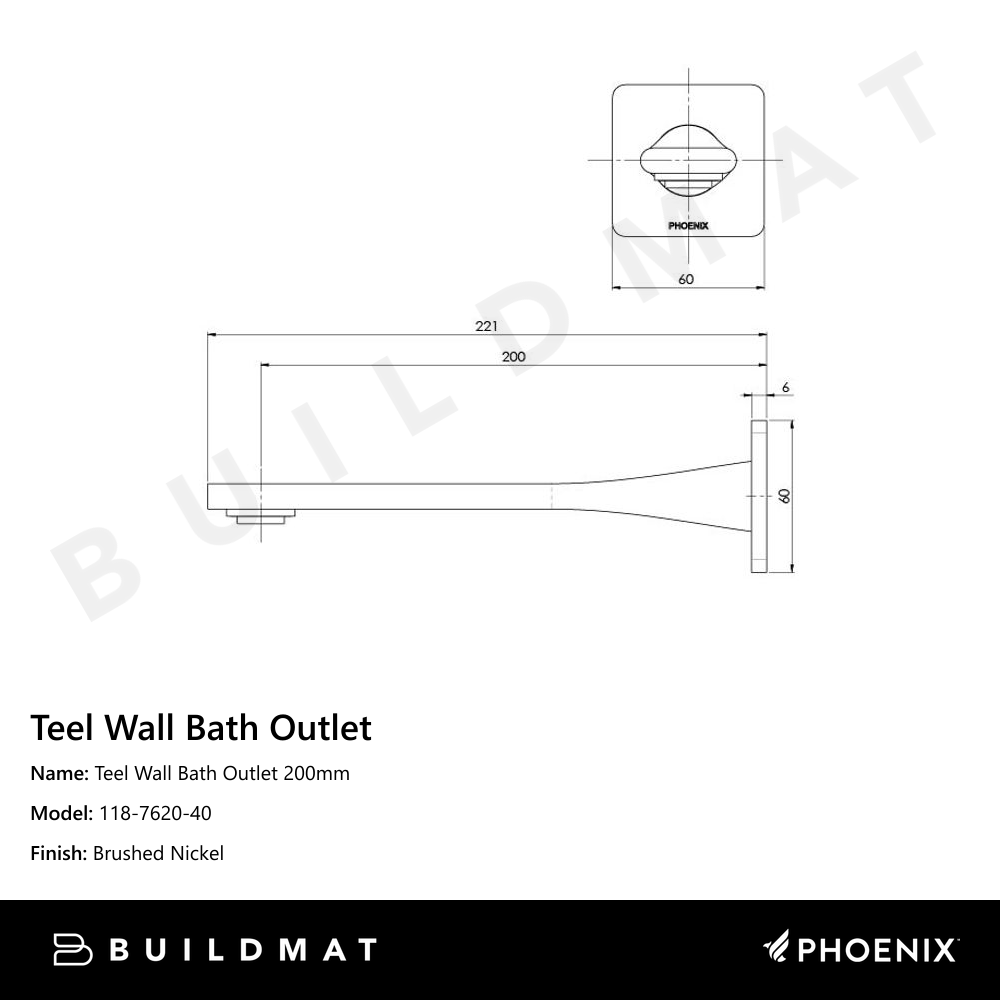 Teel Wall Bath Outlet 200mm Brushed Nickel