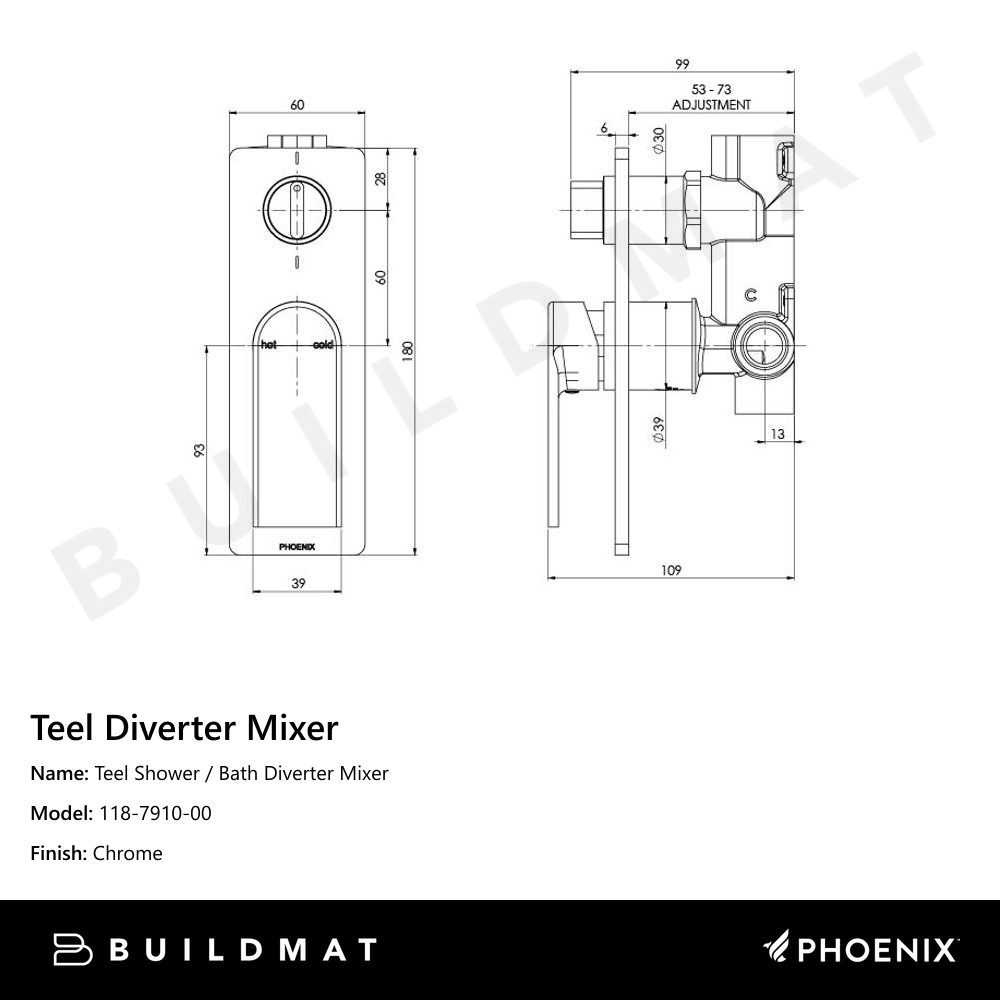 Teel Shower / Bath Diverter Mixer Chrome