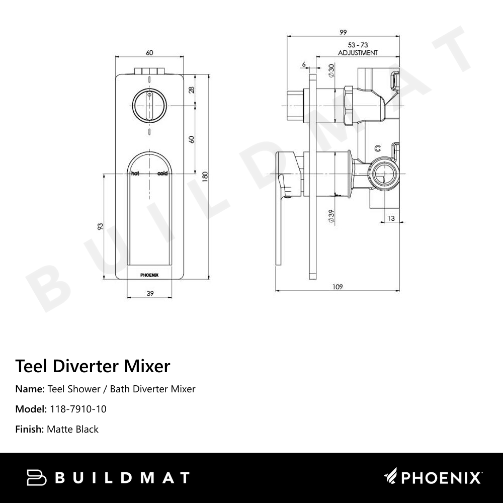 Teel Shower / Bath Diverter Mixer Matte Black