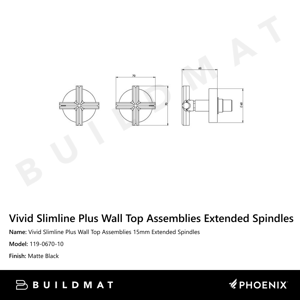 Vivid Slimline Plus Wall Top Assemblies 15mm Extended Spindles Matte Black