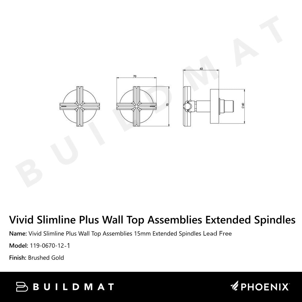 Vivid Slimline Plus Wall Top Assemblies 15mm Extended Spindles Brushed Gold Lead Free