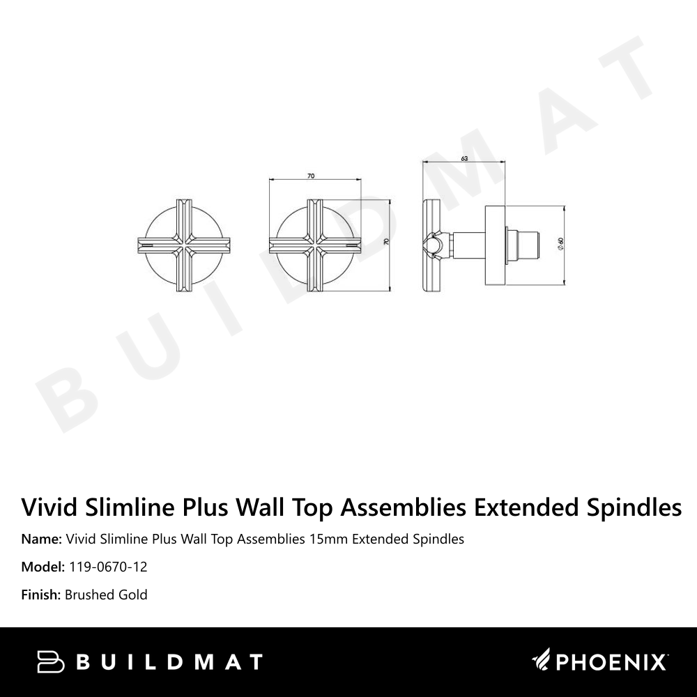 Vivid Slimline Plus Wall Top Assemblies 15mm Extended Spindles Brushed Gold