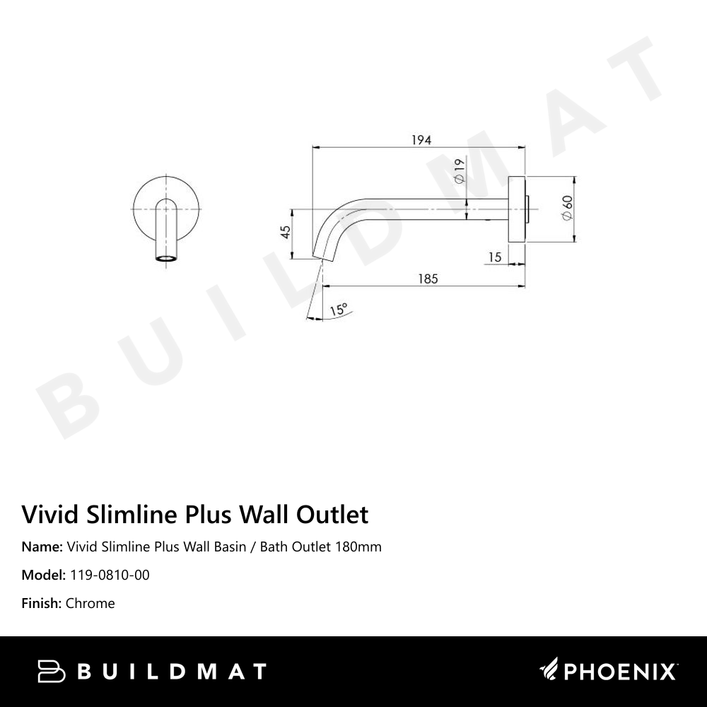 Vivid Slimline Plus Wall Basin / Bath Outlet 180mm Chrome