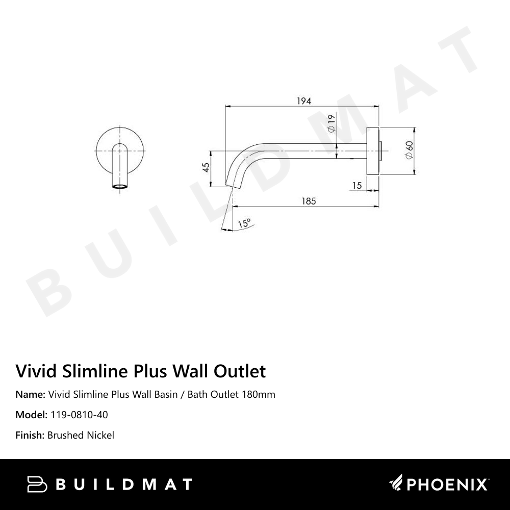 Vivid Slimline Plus Wall Basin / Bath Outlet 180mm Brushed Nickel