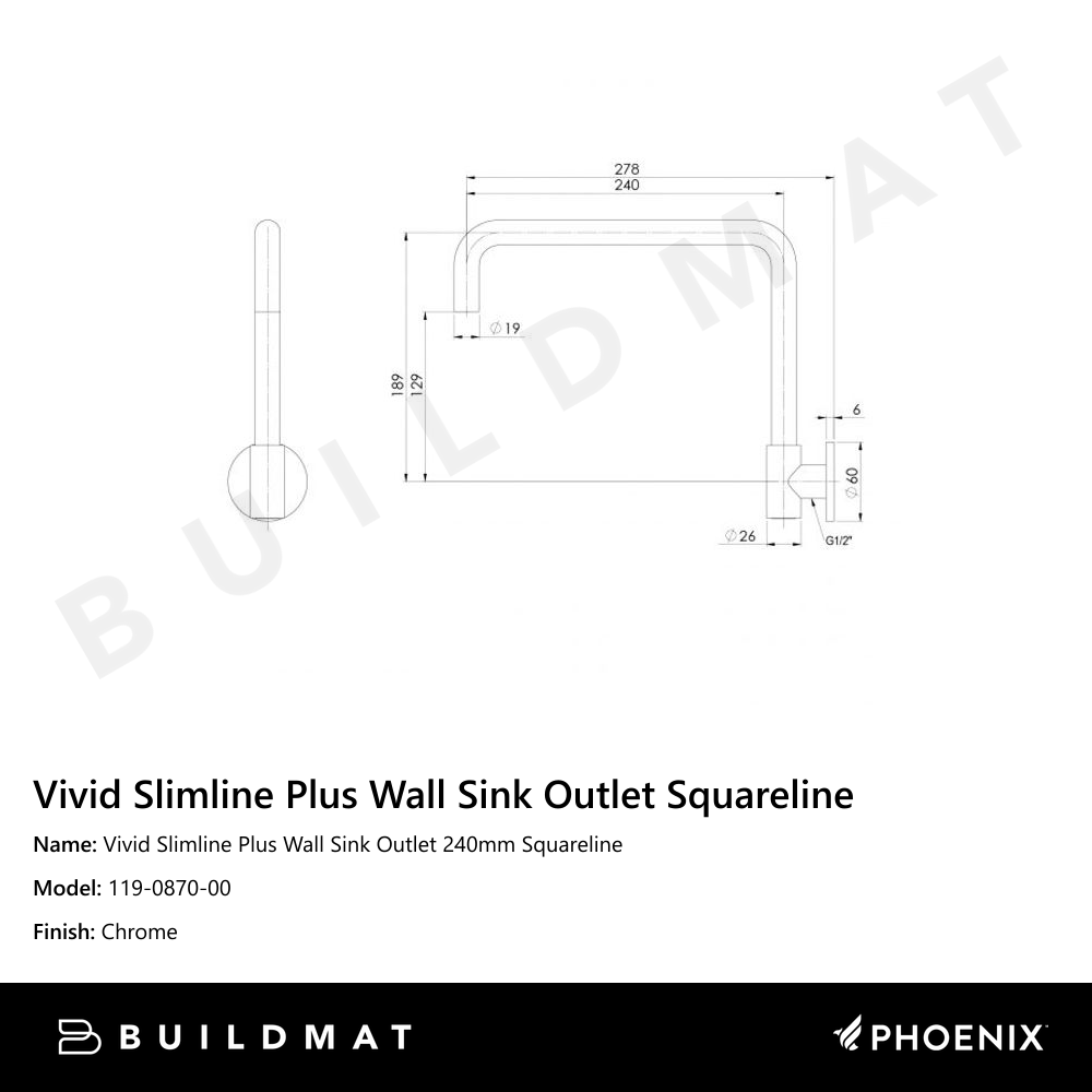 Vivid Slimline Plus Wall Sink Outlet 240mm Squareline  Chrome